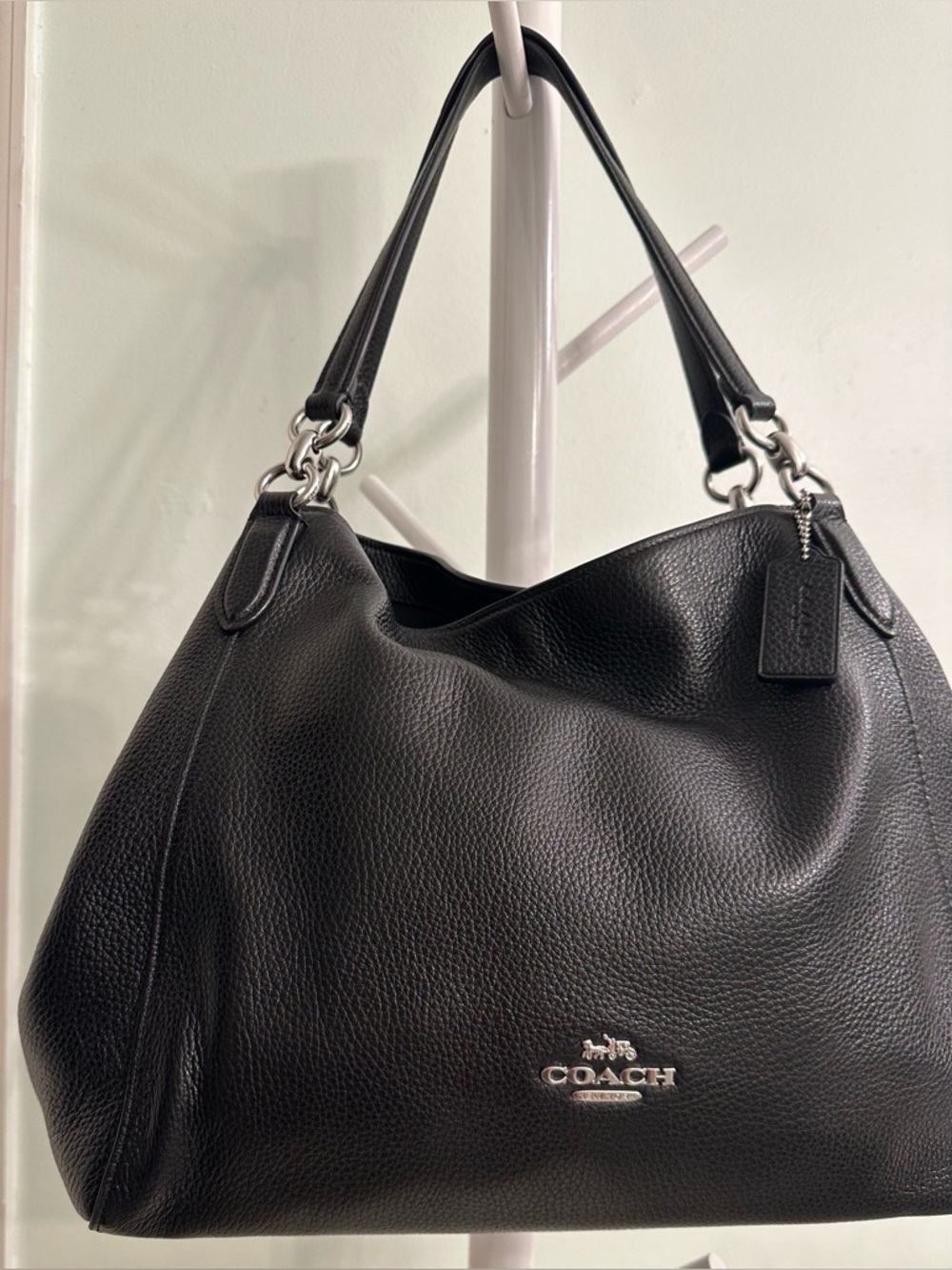 Coach Black Hallie Pebbled Leather Shoulder Tote with Silver Hardware Mint - Picture 2 of 10